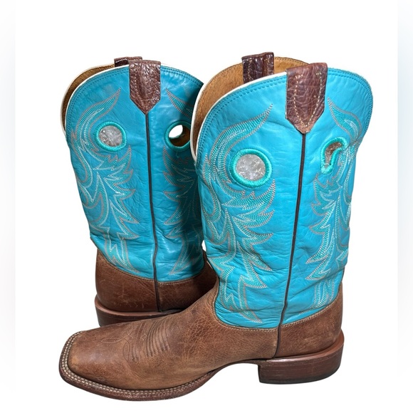 Nocona Handmade USA Turquoise Brown Leather Western Cowboy Boots 11D Square Toe - Picture 9 of 16